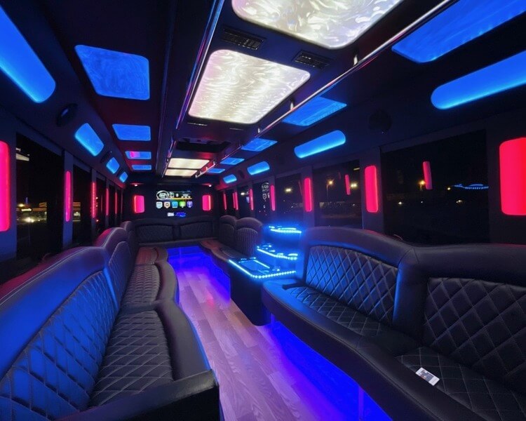40 passenger party bus pink and blue LED ceiling and lounge