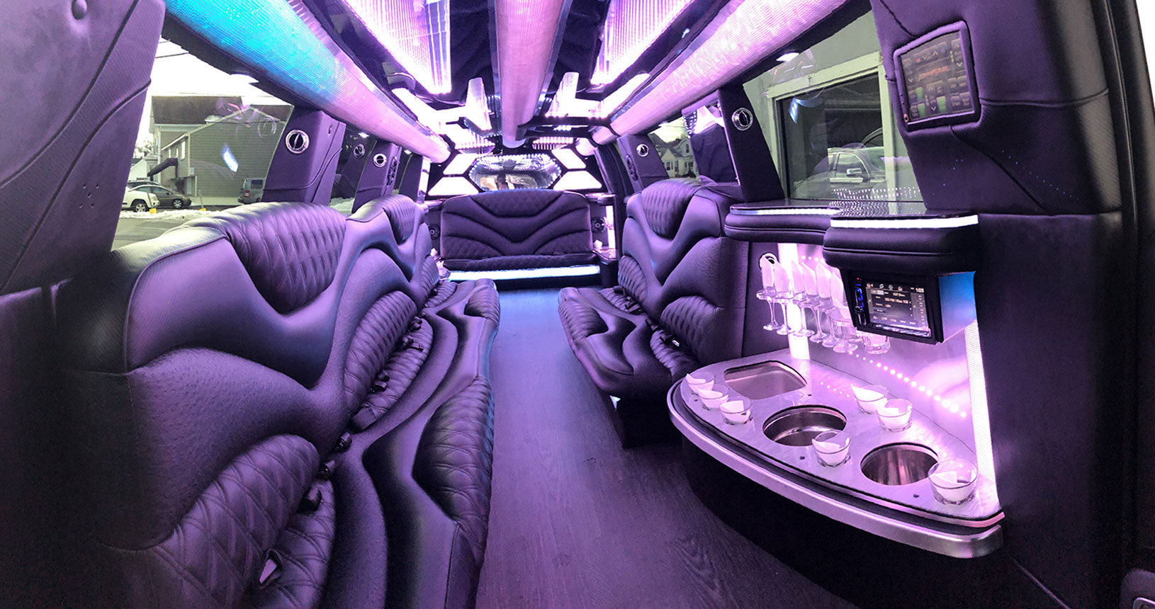 Escalade limousine luxury interior with purple lighting