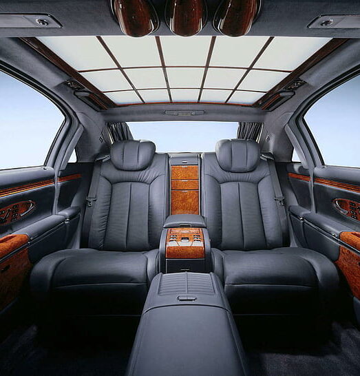 Luxury limousine cabin with premium passenger seating