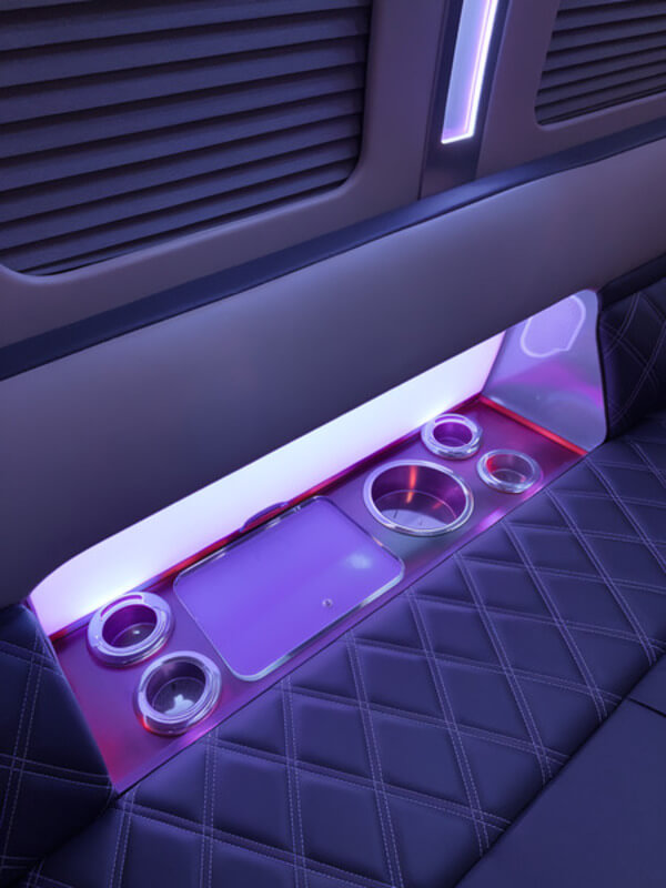 Party bus beverage console close-up