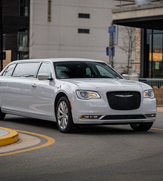 White luxury limousine outside a building