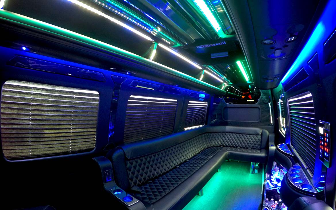 Mercedes Sprinter style party van lounge interior with ambient lights